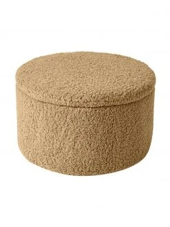 Westwing Collection Grand tabouret avec coffre tissu bouclé brun Alida, Ø 70 x haut. 42 cm