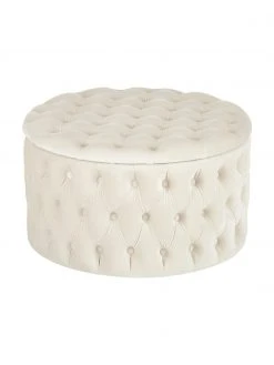 Westwing Collection Pouf coffre XL en velours blanc créme Chiara, Ø 70 x haut. 42 cm