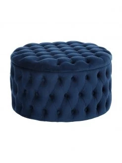 Westwing Collection Pouf coffre XL velours bleu foncé Chiara, Ø 70 x haut. 42 cm