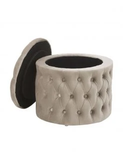 Westwing Collection Pouf coffre en velours beige Chiara, Ø 50 x haut. 42 cm -Entrée & couloir Soldes Pouf coffre en velours beige Chiara 3