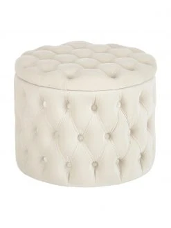 Westwing Collection Pouf coffre en velours blanc crème Chiara, Ø 50 x haut. 42 cm