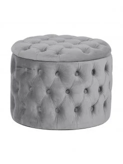 Westwing Collection Pouf coffre en velours gris Chiara, Ø 50 x haut. 42 cm